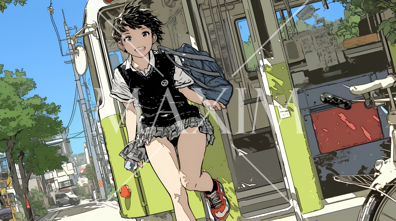 学校に遅れそうで道を急いでいる女子高生