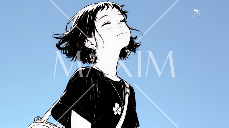 ぼんやり空を見上げている若い女性（シンプルな色使い）