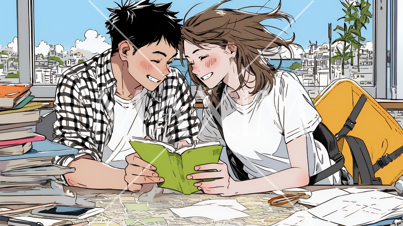 仲良く二人で旅行の計画を立てている若いカップル