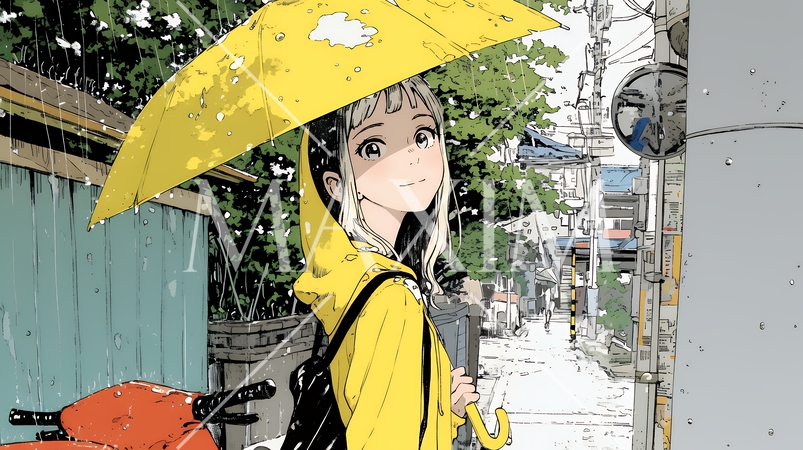 雨の日に傘をさして歩く若い女性