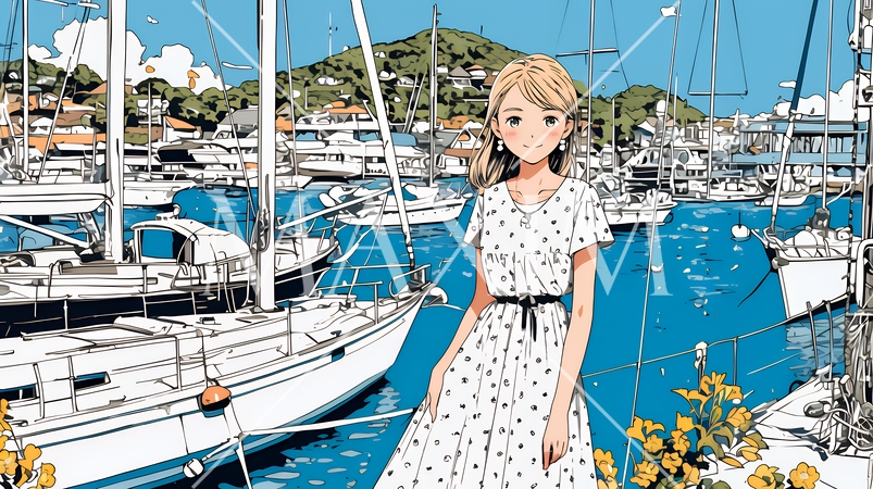 沖縄のヨットハーバーに立つ若い女性