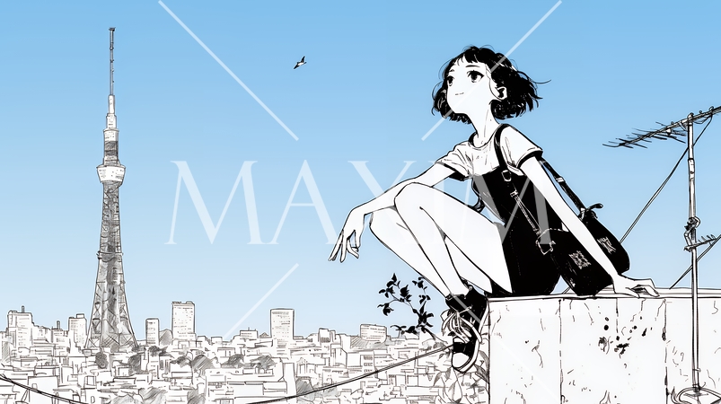 若い女性が佇む都市の街角（シンプルな色使い）