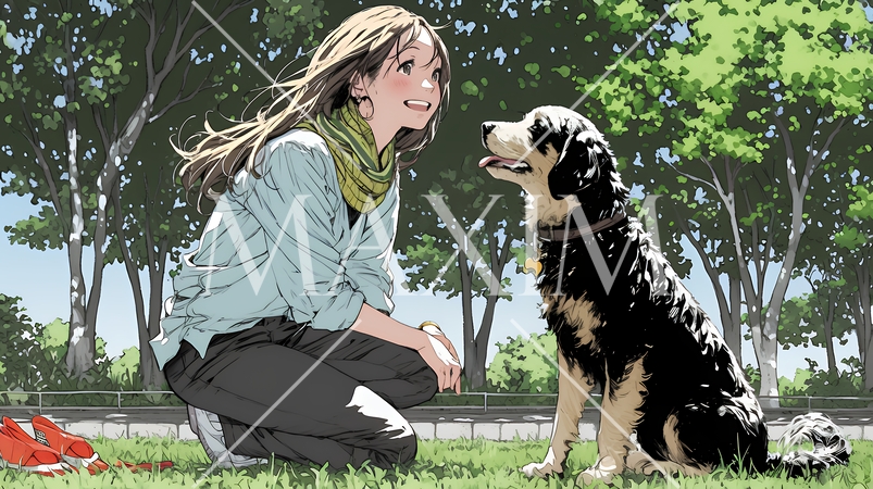 愛犬を調教している若い女性