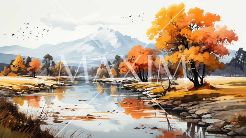 木々の紅葉が水面に映る美しい水辺の風景：水彩画