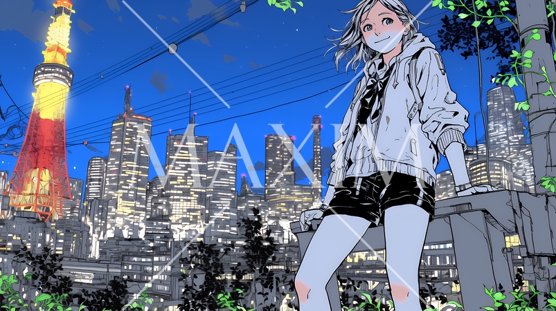 都市の夜景を眺めている女性