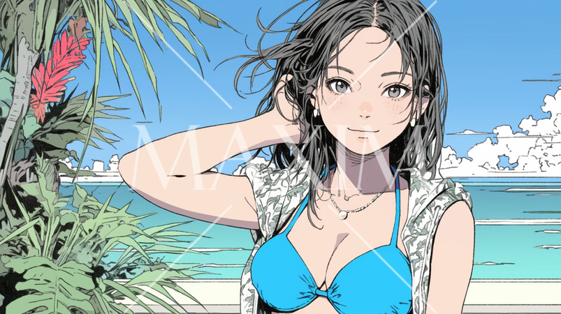 南国の海岸にビキニ姿でいる若い女性