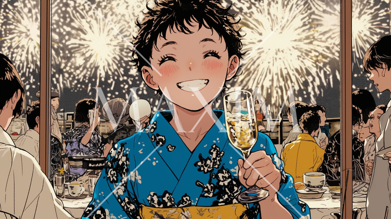 花火大会宴会で大盛り上がりの浴衣を着たボーイッシュな若い女性