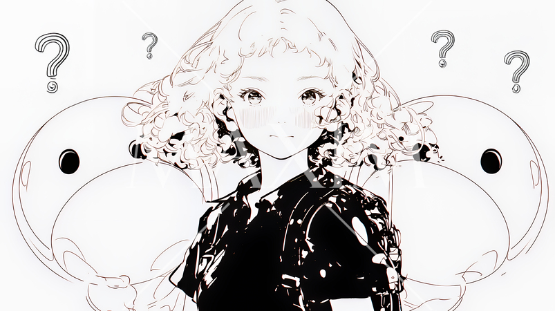 クエスチョンマークのある場面：頭の中にクエスチョンマークが生まれている（シンプルな色使い）