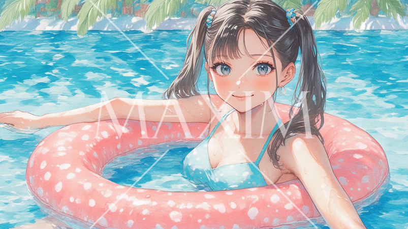 池で浮き輪で遊ぶ女の子