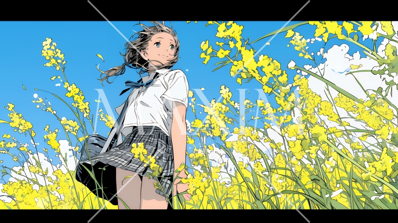 春風の中、菜の花畑にいる制服姿の女子高生