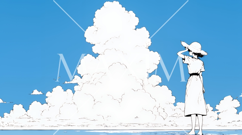 夏の海と入道雲と若い女性（シンプルな色使い）