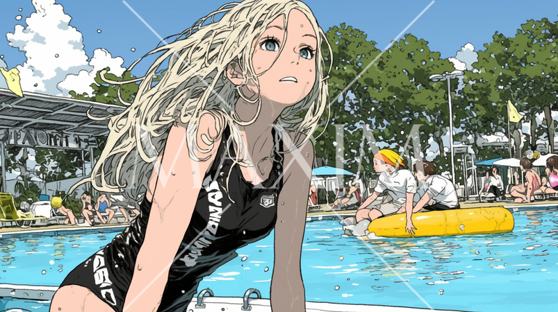 パブリックプールで泳ぐスクール水着姿の若い女性