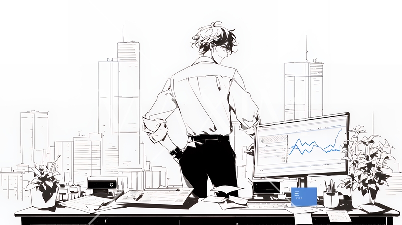 マーケティング・トレーディングデータなどの計量分析を行っている男性（シンプルな色使い）