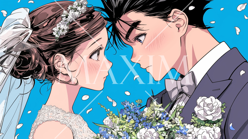 結婚式で見つめ合う新郎新婦：キス