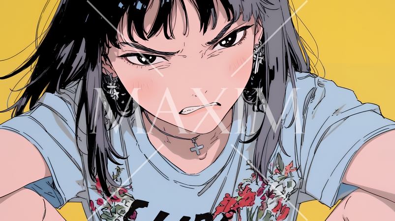 口と顔を歪めて嫌な感情を表している若い女性