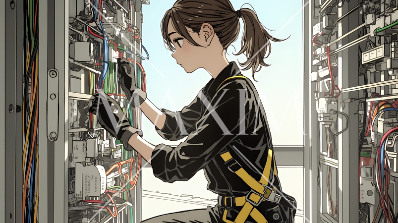 配線工事をしている女性作業員