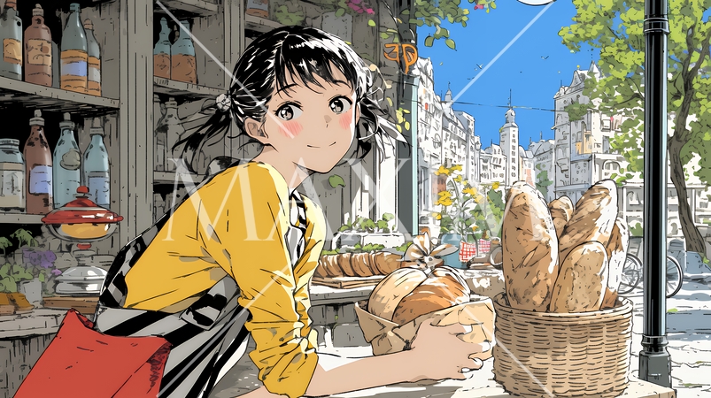 近所のパン屋で焼きたてパンを買う若い女性