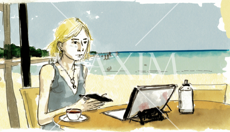 海辺のリゾートに来ているのに仕事のデジタルデバイスを手放せない女性