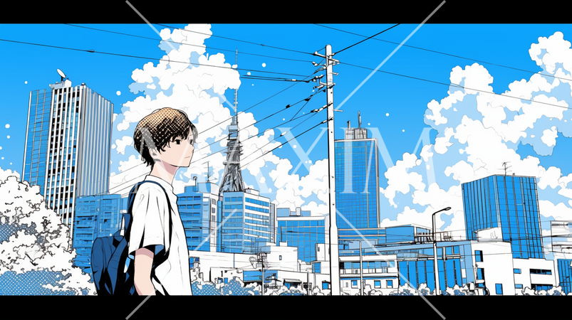 都市の町並みと夏の青空