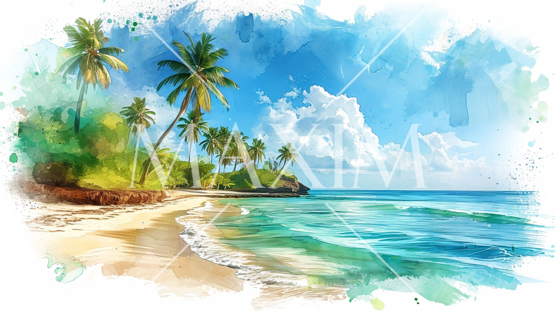 南国の島の浜辺と青い空のイラスト