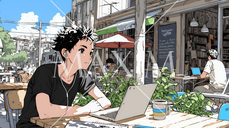 カフェでフリーランスや学生が仕事や勉強をしている