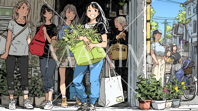 道端で会話を楽しむ若い主婦たち（ママ友たち）