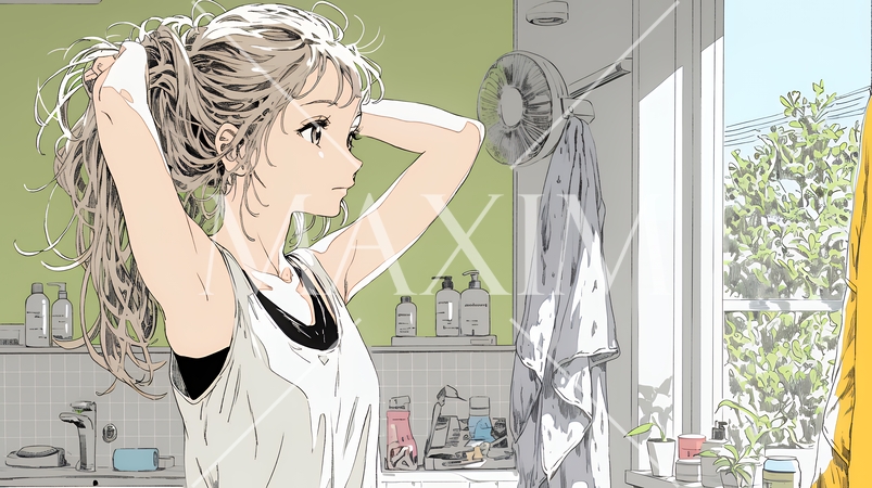 朝支度：洗面所で髪をまとめている若い女性