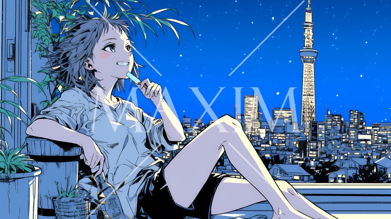 ベランダで夜風に当たりながら都会のランドスケープを眺め休む若い女性