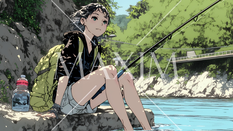岸から魚釣りを楽しむ若い女性｜渓流・自然・アウトドア・ライフスタイル