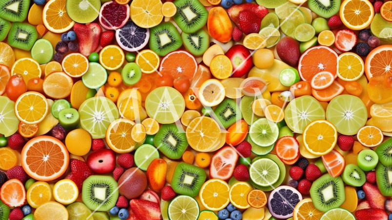 フルーツモザイクの背景: 色鮮やかなフルーツで作ったモザイク状配置が彩り豊か。