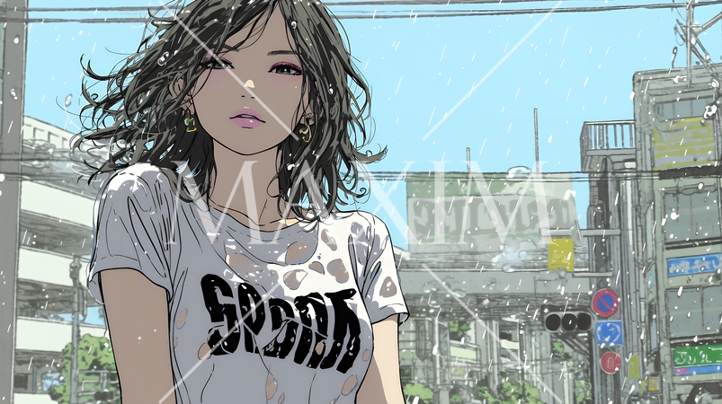 夏の急な雨でびしょ濡れの若い女性