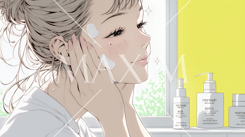 スキンケアを念入りに行う若い女性