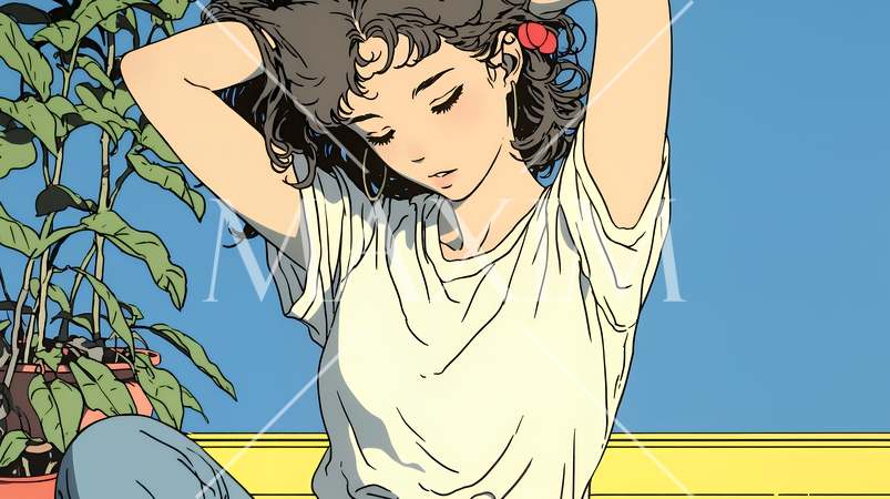 髪をかきあげている（なでている）若い女性