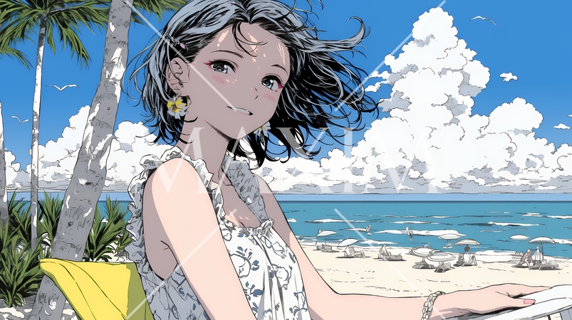 夏の南国の海辺を一人で旅行中の若い女性