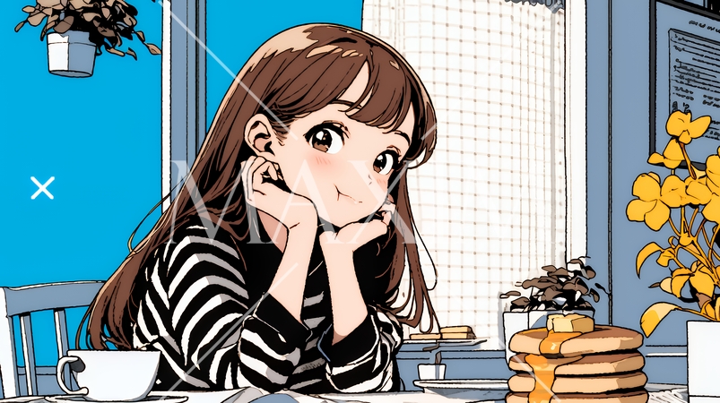 早朝のダイナー（喫茶店）でパンケーキ（モーニングセット）を食べる若い女性