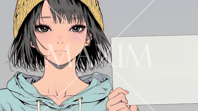 何も描いていないメッセージボードを掲げる若い女性