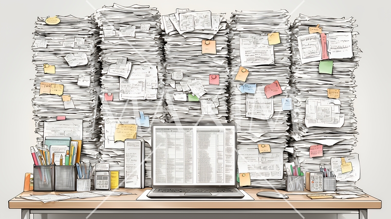 机の上に書類が山のように積まれている：書類整理ができていない状態