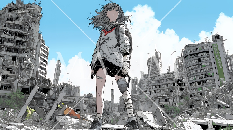 震災や空爆などで破壊された街で孤独に立ちすくむ若い女性