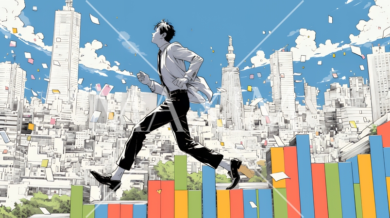 棒グラフの都会の町並みを駆け抜けるビジネスパーソン