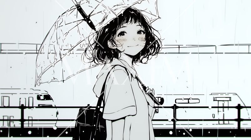 雨の日に傘をさして歩く若い女性（シンプルな色使い）