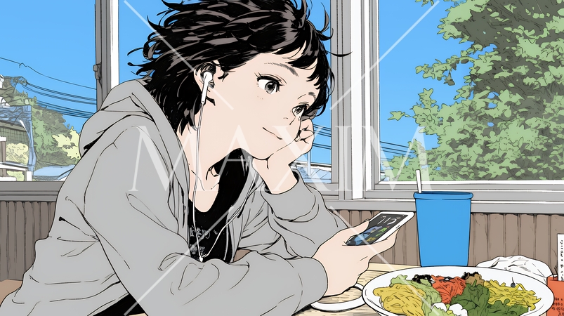 食事の最中もスマホを手放せない若い女性