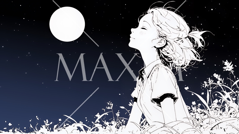 月見をしている若い女性（シンプルな色使い）