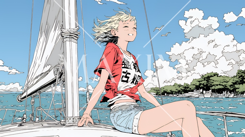 ヨットに乗っている若い女性