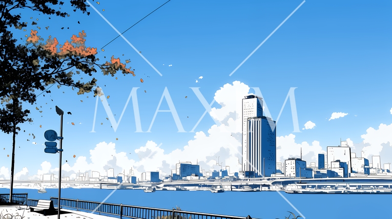 都市の町並みと青空（シンプルな色使い）