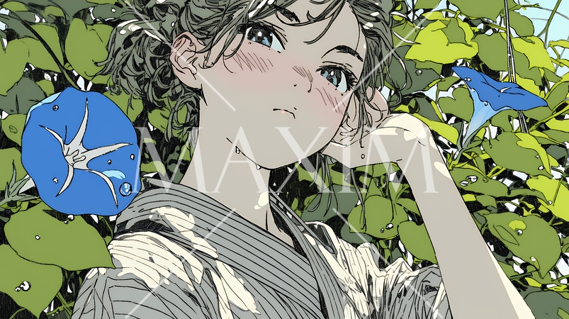 アサガオと浴衣姿の若い女性