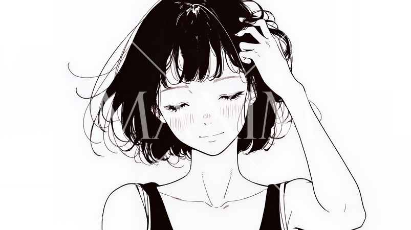 気恥ずかしそうに頭をかき、ごまかすような仕草を見せる若い女性（シンプルな色使い）