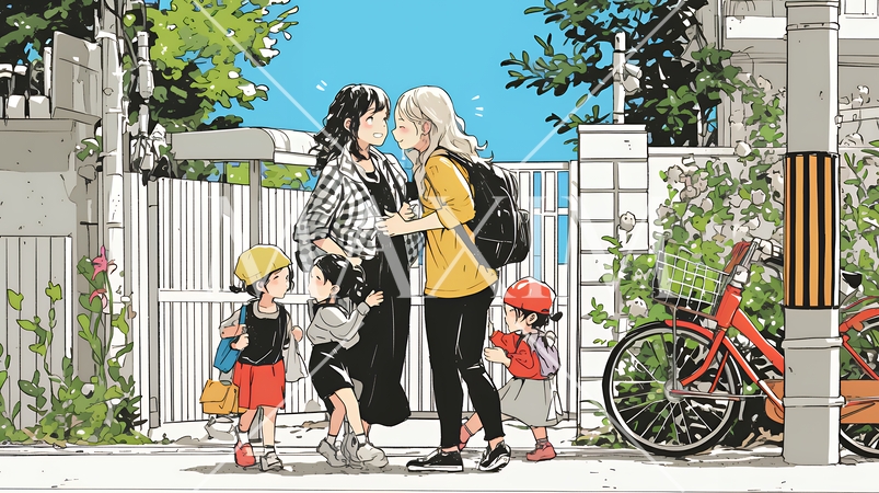 道端で会話を楽しむ若い主婦たち（ママ友たち）