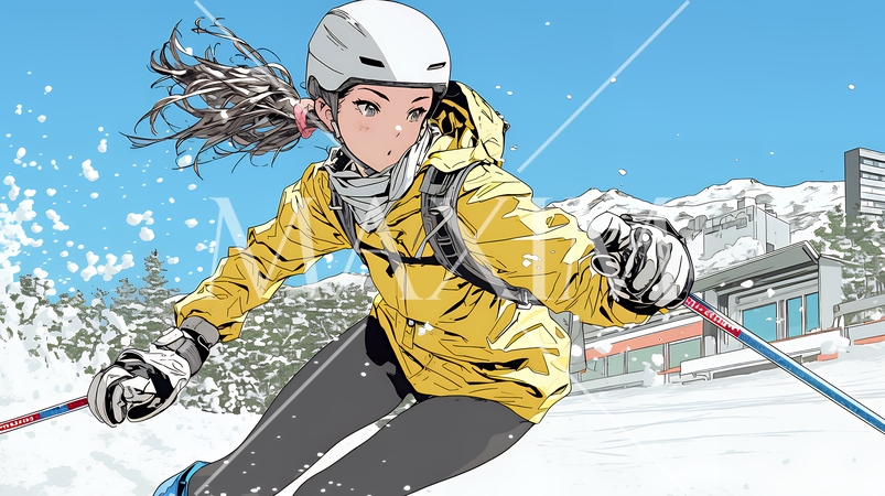 スキーを楽しんでいる若い女性