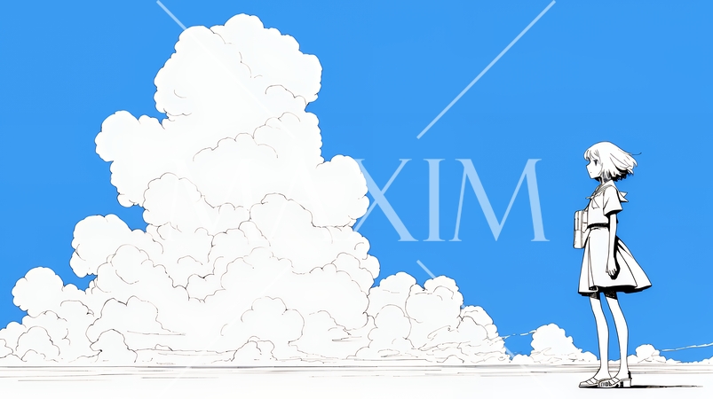 夏の海と入道雲と若い女性（シンプルな色使い）