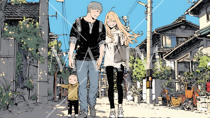 仲の良い家族：父親、母親、その子どもが仲良く連れ立って歩いている